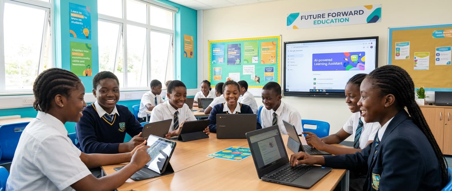 Modern African classroom with students using digital learning technology